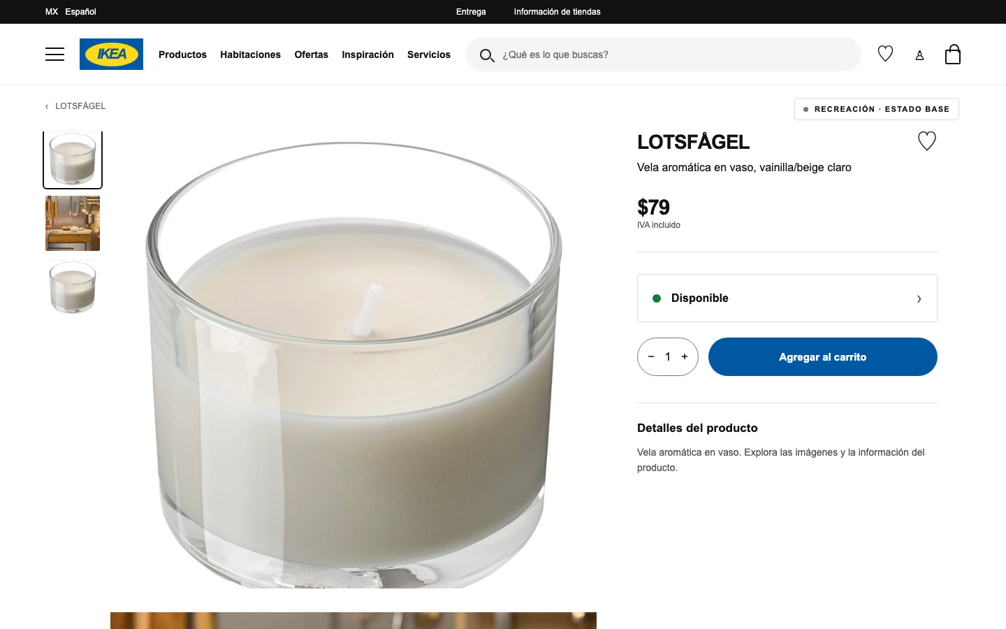 Recreated baseline candle product page